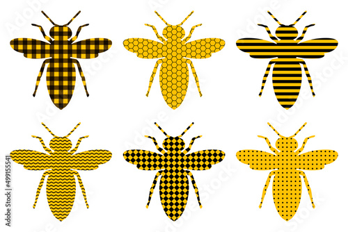 Bees ornament dots buffalo plaid strips vector illustration