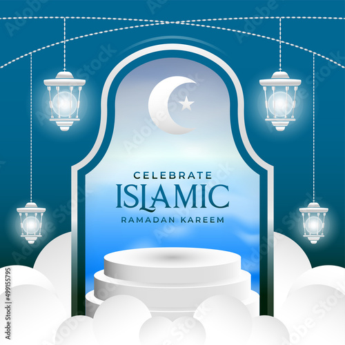 Illustration design vector islamic celebration ramadan kareem 3d with podium