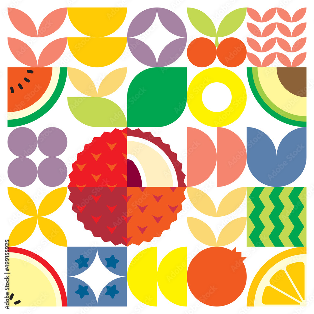 Geometric summer fresh fruit cut artwork poster with colorful simple shapes. Scandinavian style flat abstract vector pattern design. Minimalist illustration of a lychee on a white background. Geometric summer fresh fruit cut artwork poster with colorful simple shapes. Scandinavian style flat abstract vector pattern design. Minimalist illustration of a lychee on a white background.