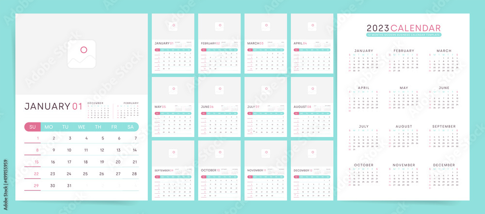 2023 year calendar template with notes and place for photo or brand image.  Vector 2023 planner organizer with free copy space and notes space. Stock  Vector | Adobe Stock
