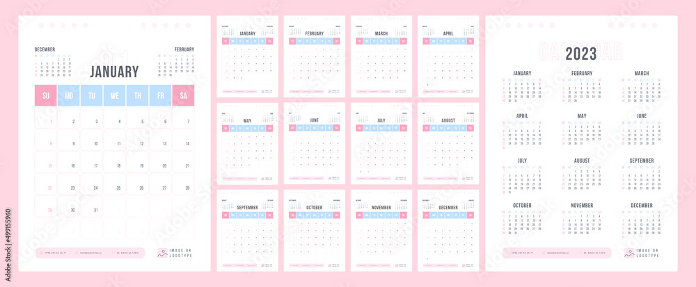 Calendar template for 2023 year. Week starts on Sunday. Wall planner with photo image. Corporate or business calendar. 2023 calendar in minimal business style for. English vector calendar.	 - obrazy, fototapety, plakaty 