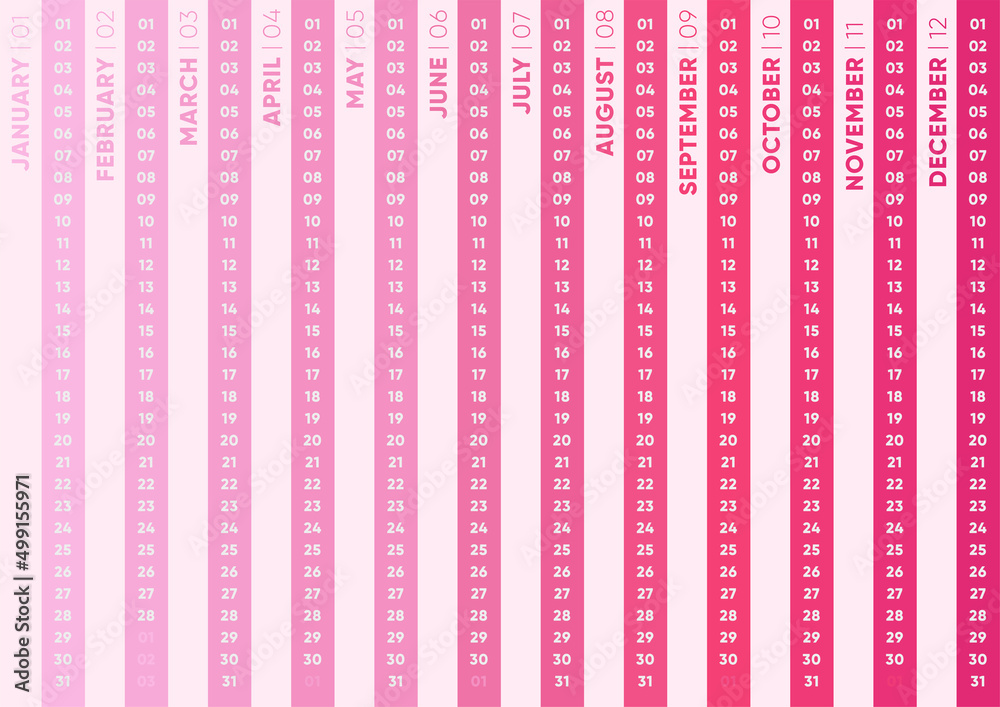 Modern horizontal agenda calendar for 2023 tear. 12 months cute pink minimalist calendar or planner.