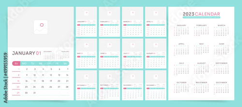 2023 year calendar template with notes and place for photo or brand image. Vector 2023 planner organizer with free copy space and notes space.	