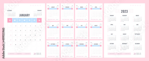 Calendar template for 2023 year. Week starts on Sunday. Wall planner with photo image. Corporate or business calendar. 2023 calendar in minimal business style for. English vector calendar.	