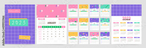 Wall creative 2023 year calendar with gaming geometric pattern design. Colorful vector abstract school calendar template for 12 months. Monthly cute fun 2023 calendar.	