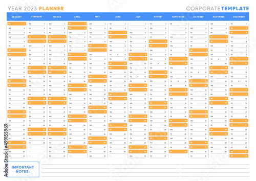 2023 yearly planner template. Vector corporate team work design calendar for whole 2023 year.  photo