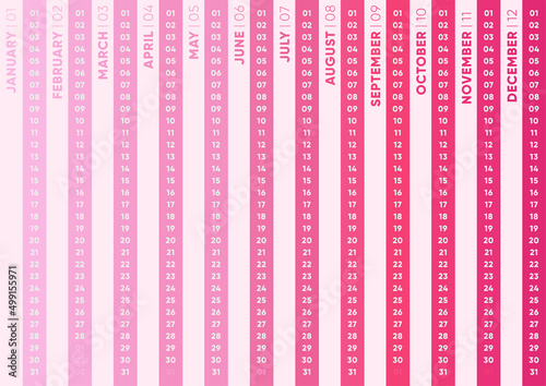 Modern horizontal agenda calendar for 2023 tear. 12 months cute pink minimalist calendar or planner.