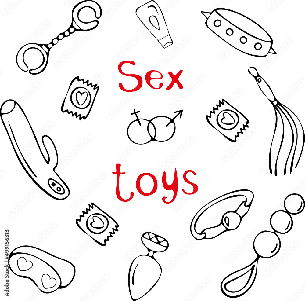 Doodle illustration with sextoys element for sex shop. 
Vector clipart set.