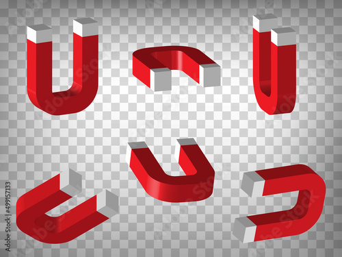 Set of perspective projections 3d red Magnets on transparent background. Magnet 3d icon illustration with different views and angles.  Abstract concept of graphic elements for your design