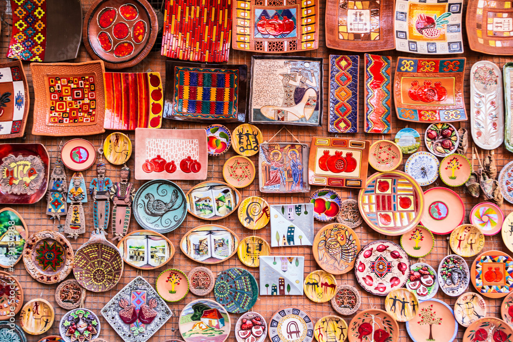 Yerevan, Armenia - 12 April 2022: Traditional ceramic plates for sale in Yerevan