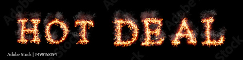 Text hot deal burning with fire and smoke, digital art isolated on black background