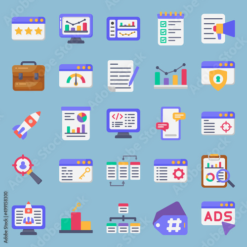 Flat web icons set - seo, search engine optimization. Stylish colorfull icons.