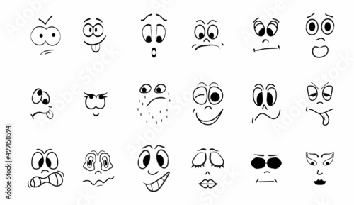 Crazy faces vector set in line art style. Emotion, avatar, caricature symbols. Faces, eyes, grimaces