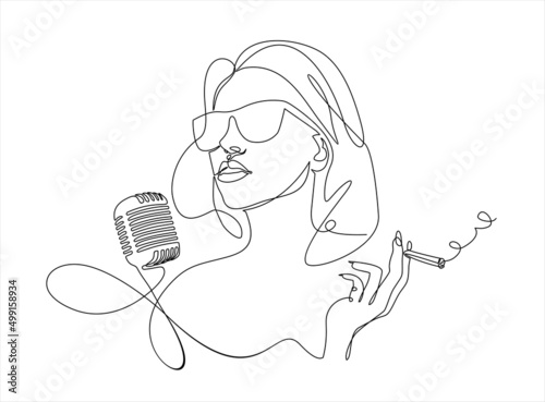 Young woman singing in a retro microphone and smoking. Continuous one line drawing. Vector illustration.
