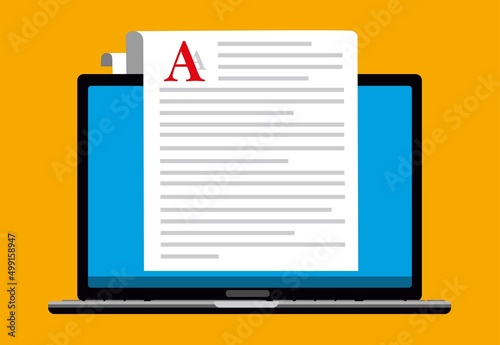 paper sheet and electronic text file writer, copywriter writing letter or journal via laptop computer, flat vector illustration
