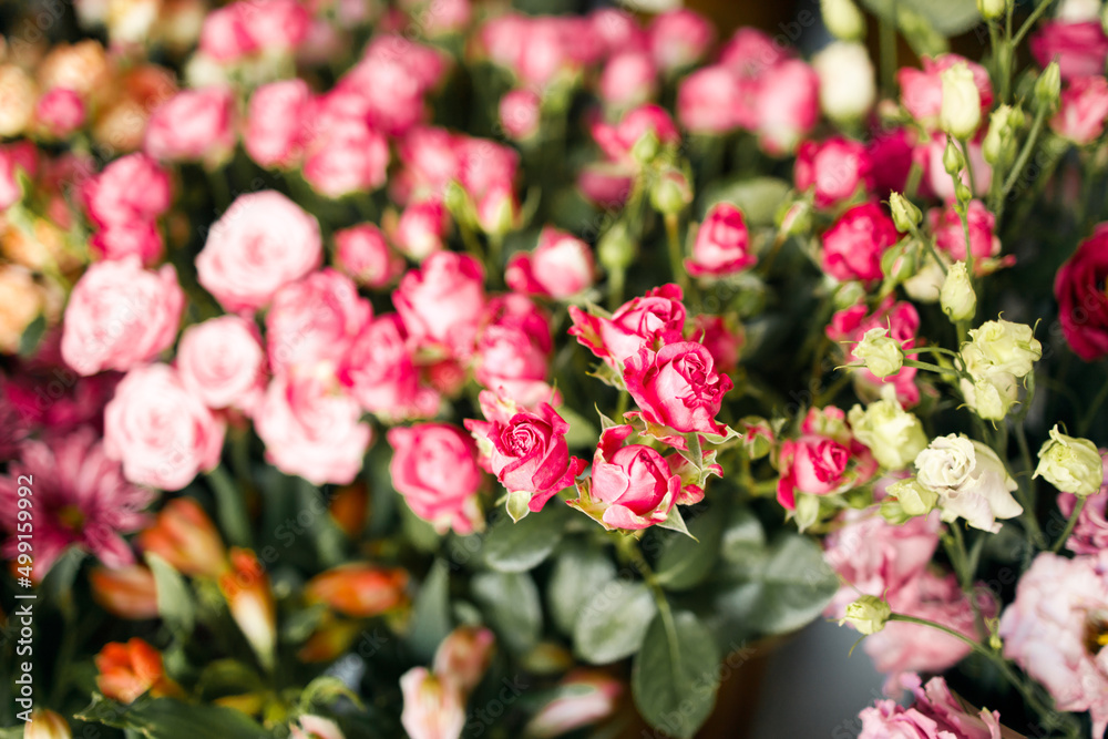 Beautiful different flowers bouquets at street floristic shop Beautiful different flowers bouquets at street floristic shop