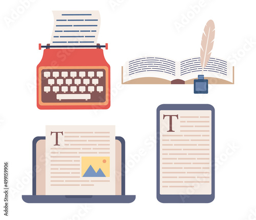 Writing set icons. International authors day. Writer profession concept. Text typing, posting, writing books on laptop, smartphone, typewriter, manuscript, feathe pen and ink. Vector flat illustration