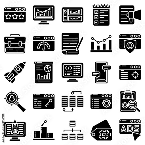 Glyph web icons set - seo, search engine optimization, marketing. Line web icons collection. Special filled icons style.