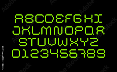Low pixel font. Modern latin alphabet. Uppercase, letters and numbers. Stylish type for contemporary logo, print, header.