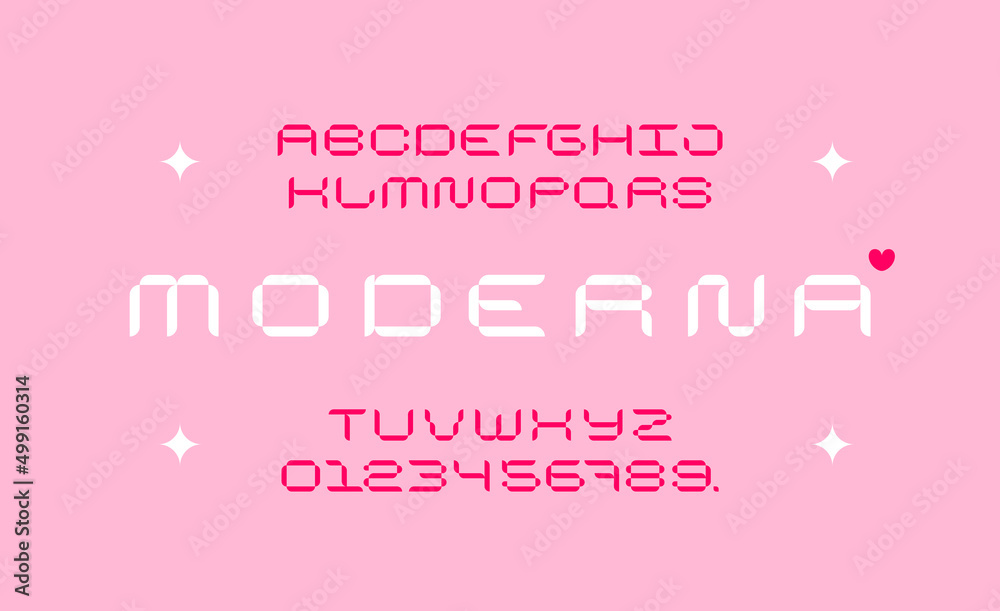Feminime cyber font. Trendy pixel modern latin alphabet. Uppercase, letters and numbers. Stylish type for contemporary logo, print, header.