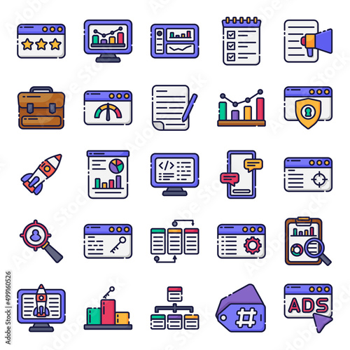 Special lineal color web icons set - seo, search engine optimization, marketing. Line web icons collection. Special filled outline icons style.