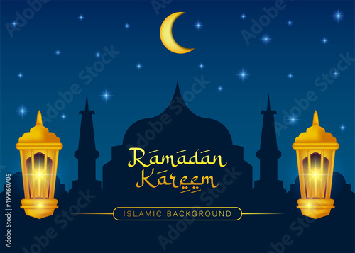 Islamic background vector design with lantern lamp and mosque silhouette for ramadan kareem