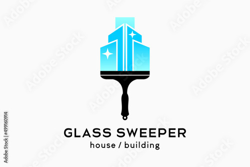 Glass cleaner or glass sweeper logo design, silhouette of rubber glass cleaner combined with building icon