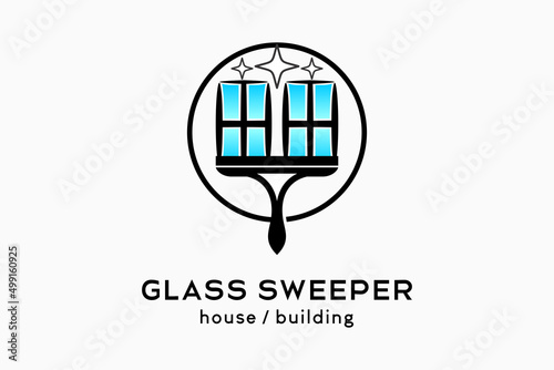 Glass cleaner or glass sweeper logo design, silhouette of a rubber glass cleaner combined with a window icon in a circle