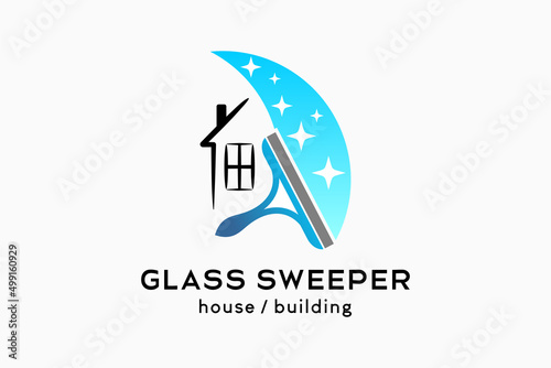 Glass cleaner or glass sweeper logo design, silhouette of a rubber glass cleaner combined with a house icon