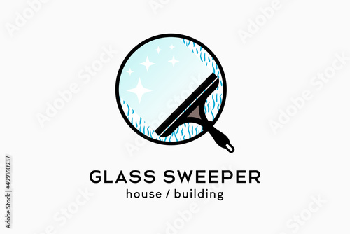Glass cleaner or glass sweeper logo design, silhouette of a rubber glass cleaner combined with a glass icon in a circle
