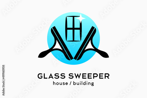 Glass cleaner or glass sweeper logo design, two rubber glass cleaner silhouettes with window icon in circle