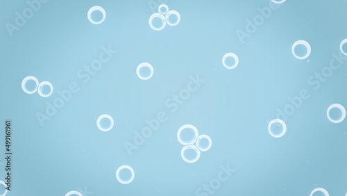 White small soap bubbles attract each to other floating spontaneously against pale blue background | Abstract cosmetic ingredients concept