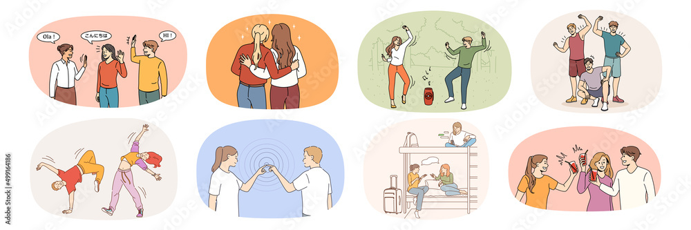 Set of smiling young people relax together on leisure weekend in campus. Collection of happy overjoyed millennial friends have fun enjoy summer vacation. Friendship. Vector illustration. 