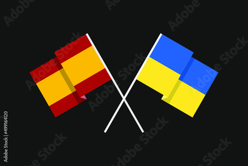 Flags of the European countries of Ukraine and the Kingdom of Spain in national colors. Help and support from friendly countries. Flat minimal graphic design.