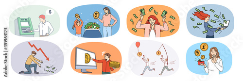 Collection of diverse people excited with money income or profit. Set of men and women plan budget manage expenses and expenditures. Finance and banking. Vector illustration. 