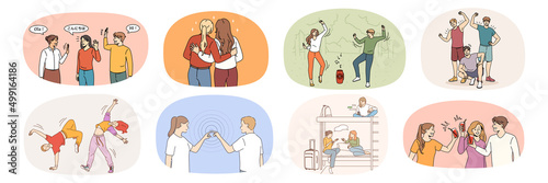 Set of smiling young people relax together on leisure weekend in campus. Collection of happy overjoyed millennial friends have fun enjoy summer vacation. Friendship. Vector illustration. 
