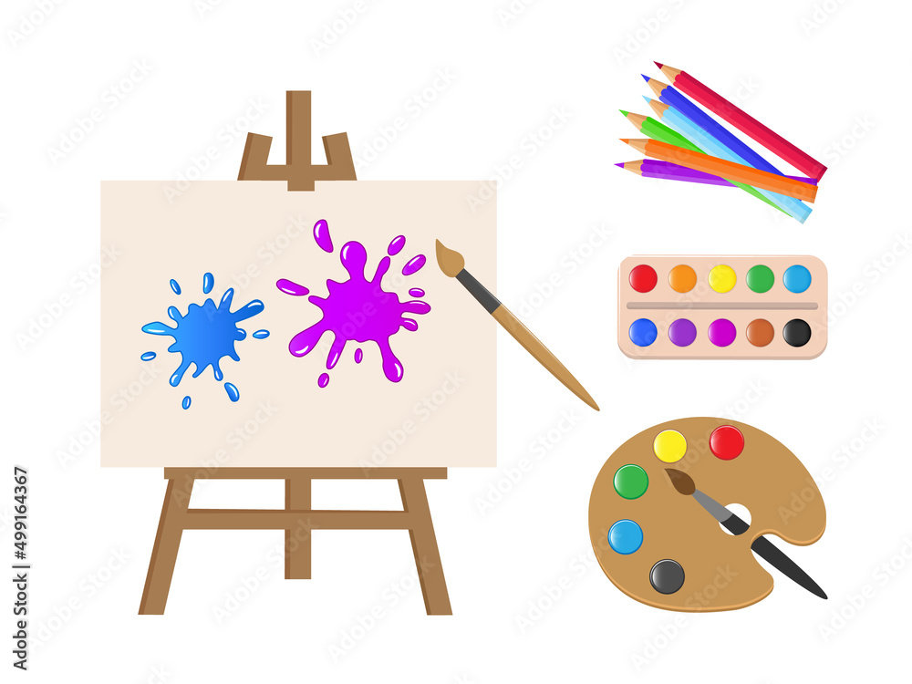 Painting tools elements cartoon colorful concept. Drawing creative materials illustration for workshops designs