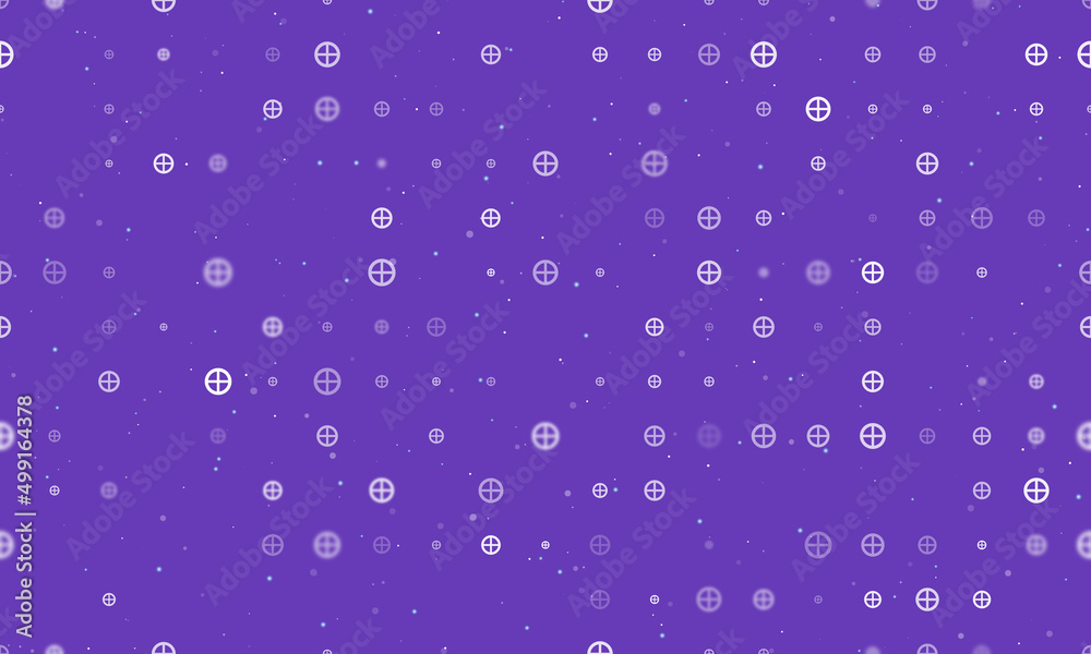 Seamless background pattern of evenly spaced white astrological earth symbols of different sizes and opacity. Vector illustration on deep purple background with stars