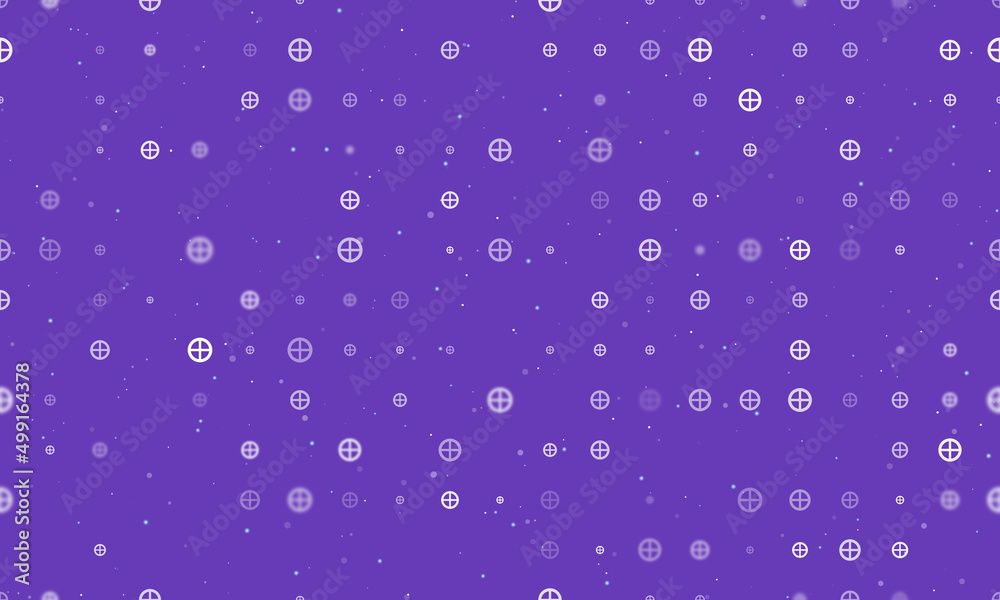 Seamless background pattern of evenly spaced white astrological earth symbols of different sizes and opacity. Vector illustration on deep purple background with stars Seamless background pattern of evenly spaced white astrological earth symbols of different sizes and opacity. Vector illustration on deep purple background with stars