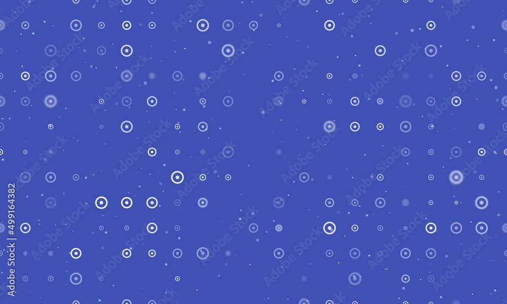 Seamless background pattern of evenly spaced white astrological sun symbols of different sizes and opacity. Vector illustration on indigo background with stars