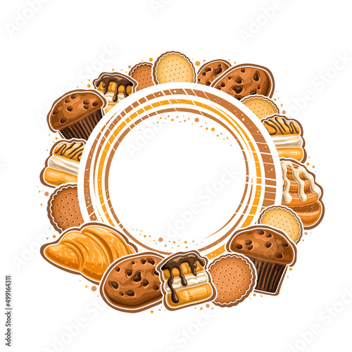 Vector frame for Pastry with blank copy space for text, decorative signboard with illustration of different pastries, butter cookies, french sweets with custard creme and sweet drizzle danish cinnabon