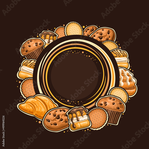 Vector frame for Pastry with empty copyspace for text, decorative sign board with illustration of variety pastries, marie cookies, french sweets with custard cream and sweet icing danish cinnamon roll