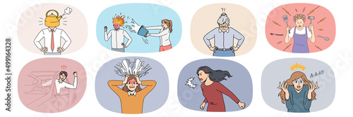 Set of mad diverse people scream and shout feel distressed and angry. Collection of furious humans yell annoyed by life situation unable to control emotions. Vector illustration. 