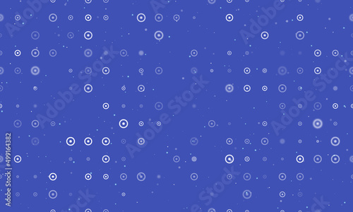 Seamless background pattern of evenly spaced white astrological sun symbols of different sizes and opacity. Vector illustration on indigo background with stars