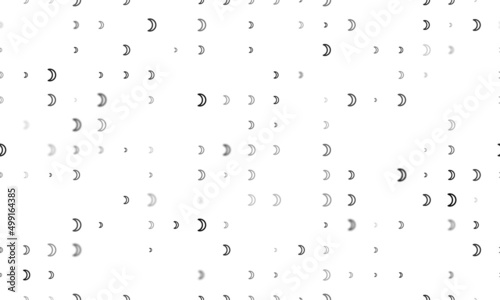 Seamless background pattern of evenly spaced black moon astrological symbols of different sizes and opacity. Vector illustration on white background