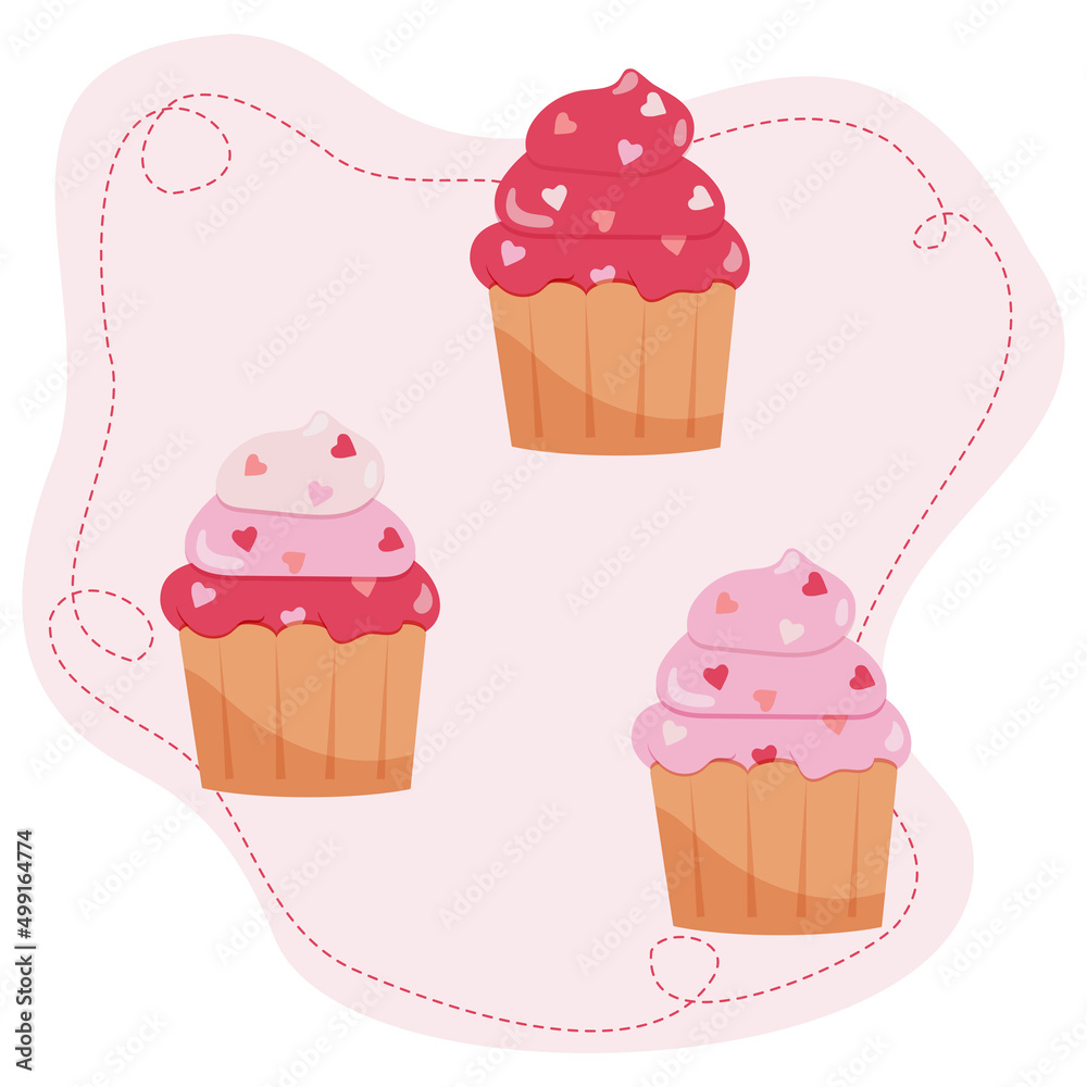 3 Vector Cupcakes with Pink and Red Icing and Hearts 3 Vector Cupcakes with Pink and Red Icing and Hearts