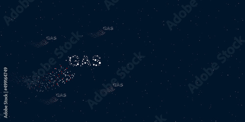 A gas text symbol filled with dots flies through the stars leaving a trail behind. Four small symbols around. Empty space for text on the right. Vector illustration on dark blue background with stars
