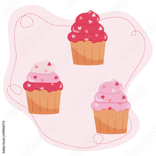 3 Vector Cupcakes with Pink and Red Icing and Hearts