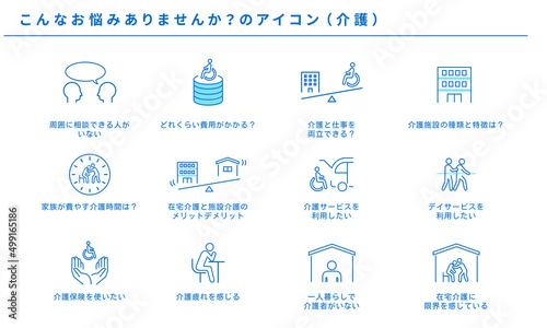 こんなお悩みありませんか？の介護アイコンセット、ベクター