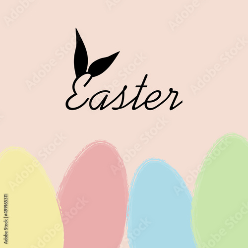 Happy Easter, decorated easter card, banner. Bunnies, Easter eggs, flowers and basket. Folk style patterned design.	
